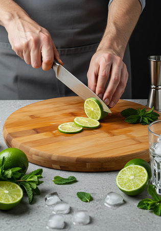 Close-up image of a person meticulously slicing limes for a cocktail, likely a mojito or similar drink. Generative Aiの素材