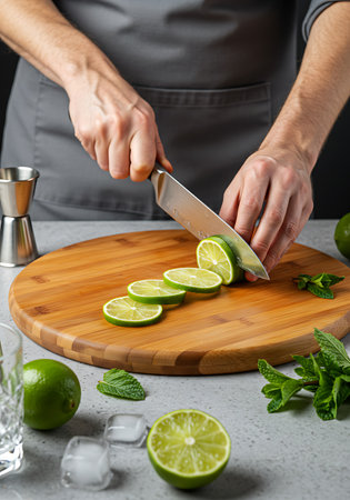 Close-up image of a person meticulously slicing limes for a cocktail, likely a mojito or similar drink. Generative Aiの素材