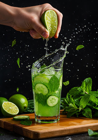 A vibrant image showcasing a refreshing cucumber mint lime drink. Generative Aiの素材