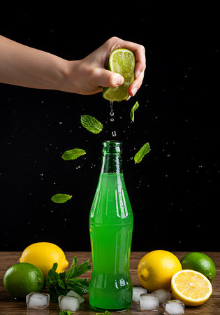 Close-up of a hand squeezing a lime over a vibrant green bottle, with water droplets and fresh mint leaves flying around. Generative Aiの素材