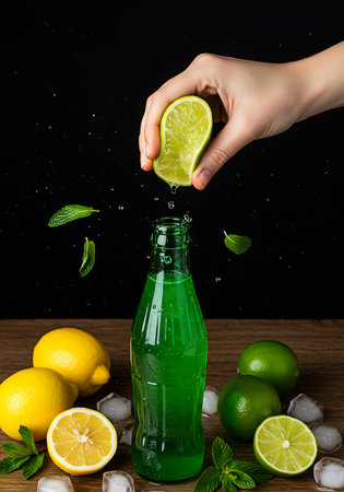 Close-up of a hand squeezing a lime over a vibrant green bottle, with water droplets and fresh mint leaves flying around. Generative Aiの素材