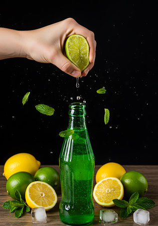 Close-up of a hand squeezing a lime over a vibrant green bottle, with water droplets and fresh mint leaves flying around. Generative Aiの素材