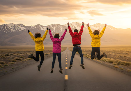 Four people wearing vibrant jackets (yellow, pink, red) are mid-air, jumping in excitement against a backdrop of a stunning mountain range at sunset. Generative Aiの素材