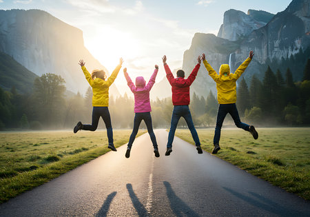 Four friends in vibrant jackets (pink, red, yellow) are jumping with their arms raised in the air, experiencing the beauty of a Yosemite sunrise. Generative Aiの素材