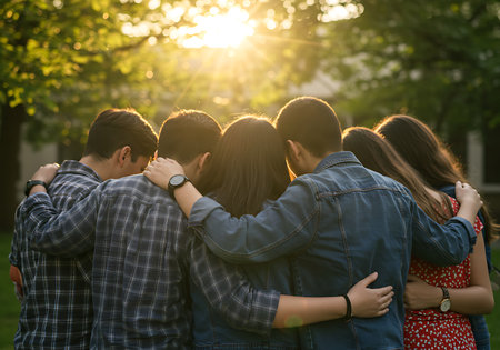 A group of diverse teenagers stand shoulder to shoulder, embracing each other, bathed in the warm golden light of the setting sun. Generative Aiの素材