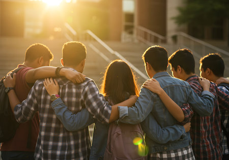 A group of diverse teenage students embrace each other outside a school building at sunset. Generative Aiの素材