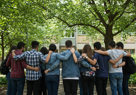 A diverse group of teenagers are standing in a circle outdoors, embracing each other's shoulders. Generative Aiの素材