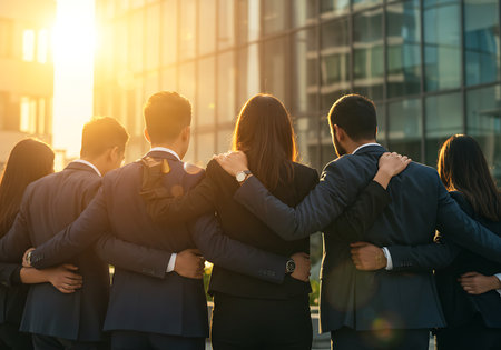 A group of business professionals, of different ethnicities, stand close together, arms around each other's shoulders, facing away from the camera, as the sun sets behind a modern glass building. Generative Aiの素材