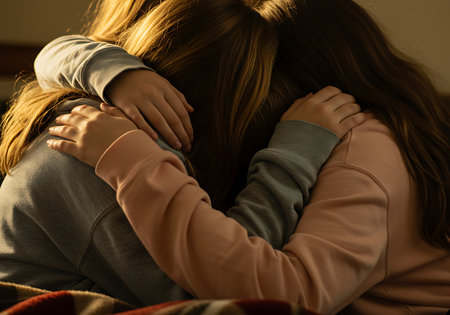 Close-up image of three young women embracing. Generative Aiの素材