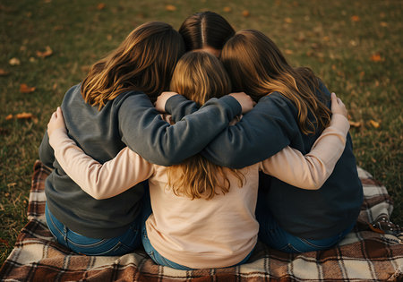 Four young girls are huddled together in a warm embrace, sitting on a plaid blanket in a grassy park setting. Generative Aiの素材