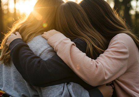 Close-up of three young women embracing, their shoulders and backs visible. Generative Aiの素材
