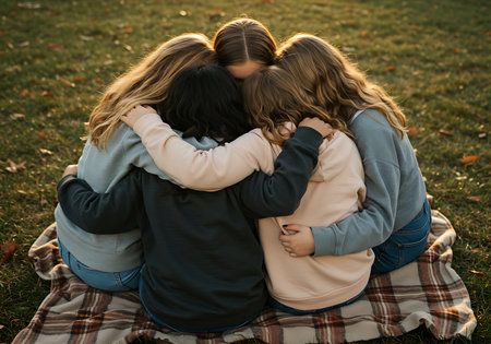 Four young girls are huddled together in a warm embrace, sitting on a plaid blanket in a grassy park setting. Generative Aiの素材