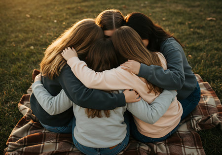 Four young girls are huddled together in a warm embrace, sitting on a plaid blanket in a grassy park setting. Generative Aiの素材
