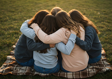 Four young girls are huddled together in a warm embrace, sitting on a plaid blanket in a grassy park setting. Generative Aiの素材