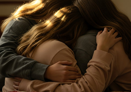 Close-up image of two young women embracing. Generative Aiの素材