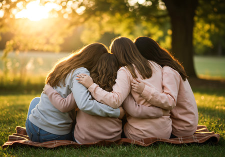 Four teenage girls sit close together, embracing, on a blanket in a grassy park. Generative Aiの素材