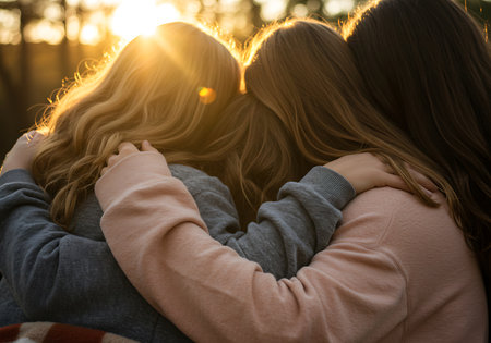 Close-up of three young women embracing, their shoulders and backs visible. Generative Aiの素材