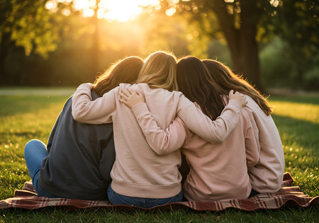 Four teenage girls sit close together, embracing, on a blanket in a grassy park. Generative Aiの素材