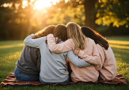 Four young women sit on a plaid blanket, embracing each other in a park at sunset. Generative Aiの素材