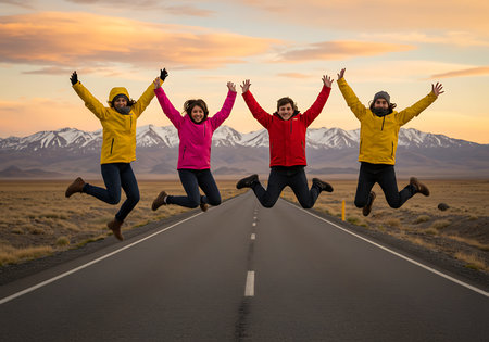 Four young adults in vibrant jackets (yellow, pink, red) are mid-air, joyfully jumping on a paved road against a backdrop of majestic snow-capped mountains at sunset. Generative Aiの素材