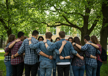 A group of teenagers stand in a circle, embracing each other's shoulders, outdoors beneath lush green trees. Generative Aiの素材