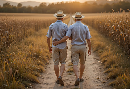 Two men, wearing straw hats and light-colored shirts and pants, walk a path through a ripe cornfield at sunset. Generative Aiの素材