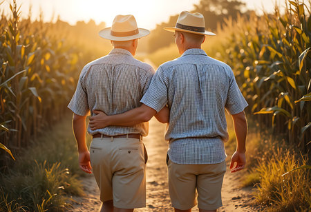 Two men, likely farmers, wearing straw hats and checked shirts, walk along a path in a golden cornfield at sunset. Generative Aiの素材