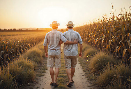 Two men, wearing straw hats and light-colored shirts and pants, walk a path through a ripe cornfield at sunset. Generative Aiの素材