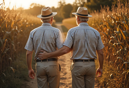 Two men, likely farmers, wearing straw hats and checked shirts, walk along a path in a golden cornfield at sunset. Generative Aiの素材