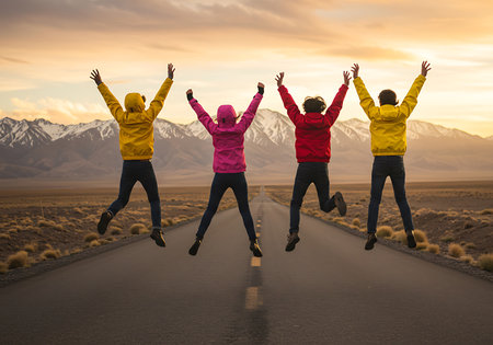 Four young adults in vibrant jackets (yellow, pink, red) are mid-air, joyfully jumping on a paved road against a backdrop of majestic snow-capped mountains at sunset. Generative Aiの素材
