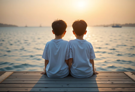Two young boys, sitting side-by-side on a wooden pier, embracing each other. Generative Aiの素材