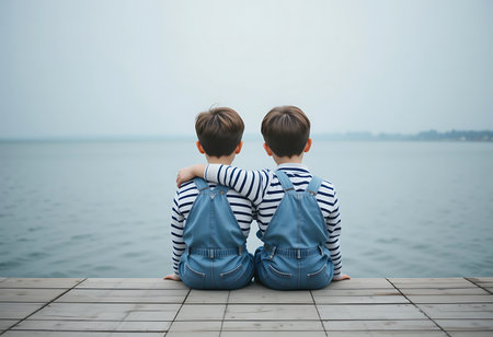 Two young boys, likely twins, sit back-to-back on a weathered wooden pier. Generative Aiの素材