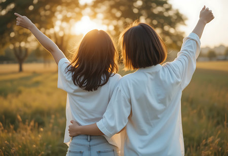 Two young women, back view, stand in a field at sunset. Generative Aiの素材