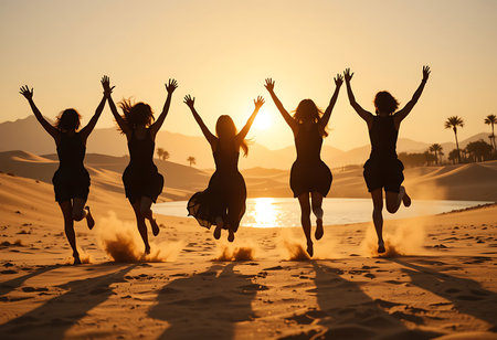 Silhouette of a group of friends jumping joyfully in a golden desert landscape at sunrise. Generative Aiの素材