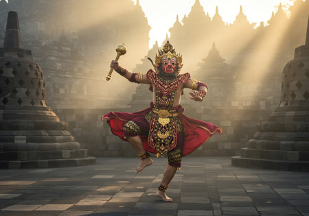 A dynamic image of a person in elaborate traditional Indonesian hanuman dance costume, likely a form of Wayang dance, performing a spirited dance move in front of ancient temple ruins. Generative Aiの素材