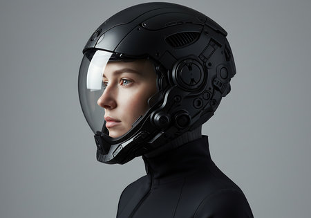 A stylish close-up of a young woman wearing a futuristic, black helmet. Generative Aiの素材