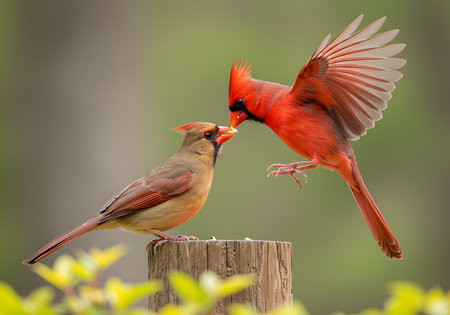 A captivating close-up of two Northern Cardinals interacting. Generative Aiの素材