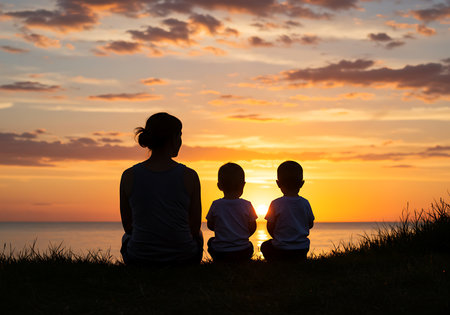 A heartwarming silhouette of a mother and her young child sitting on a grassy beach at sunset. Generative Aiの素材