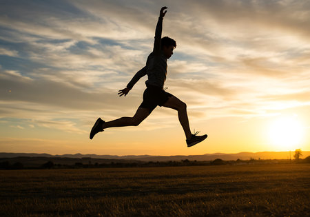 A dynamic silhouette of a runner mid-leap at sunset. Generative Aiの素材