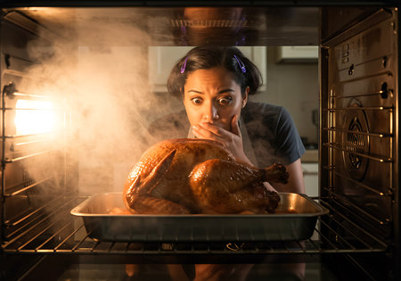 A woman with an expression of surprise and awe is looking into a hot oven, revealing a perfectly roasted Thanksgiving turkey. Generative Aiの素材