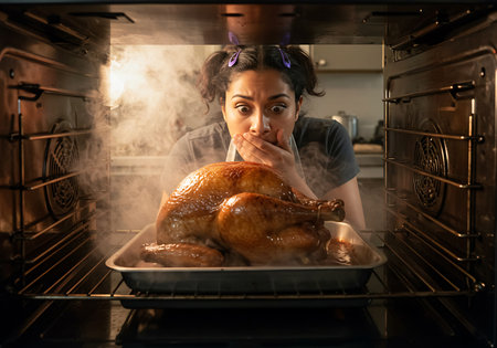 A woman with an expression of surprise and awe is looking into a hot oven, revealing a perfectly roasted Thanksgiving turkey. Generative Aiの素材