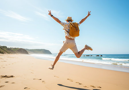 A joyful person wearing a floral shirt, a straw hat, and a tan backpack is leaping in the air on a sandy beach. Generative Aiの素材