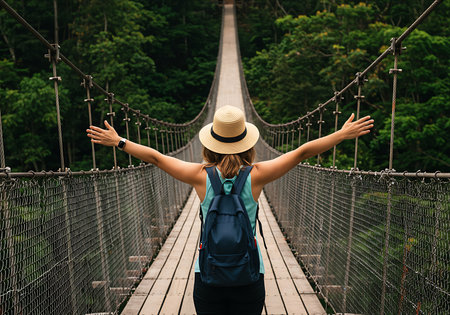 A woman with arms outstretched stands on a wooden suspension bridge, surrounded by a dense, vibrant green jungle. Generative Aiの素材