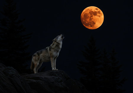 A lone gray wolf stands on a rocky outcrop, silhouetted against a dark forest, howling at a vibrant blood-red moon high above. Generative Aiの素材