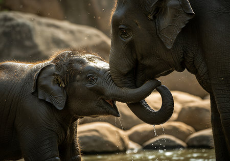 A captivating close-up of two Asian elephants interacting by a river. Generative Aiの素材