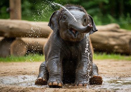 A close-up of a playful baby elephant enjoying a water shower in a muddy puddle. Generative Aiの素材