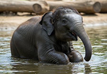 Close-up of a young Asian elephant enjoying a refreshing bath in a shallow water pool. Generative Aiの素材