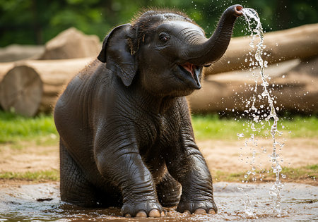 A close-up of a playful baby elephant enjoying a water shower in a muddy puddle. Generative Aiの素材