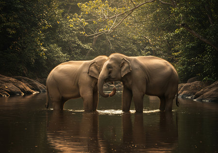 Two Asian elephants, seemingly affectionate, are wading in a shallow river. Generative Aiの素材