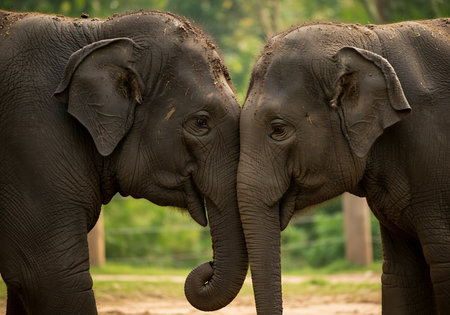 Close-up of two Asian elephants, heads and trunks close together, likely in a zoo or wildlife park. Generative Aiの素材